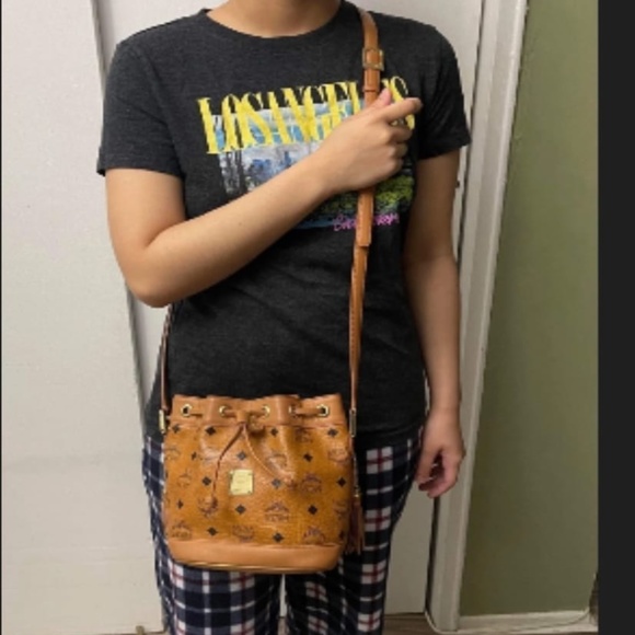 Authentic MCM Brown Visetos Leather Drawstring Bucket Bag - Picture 5 of 12